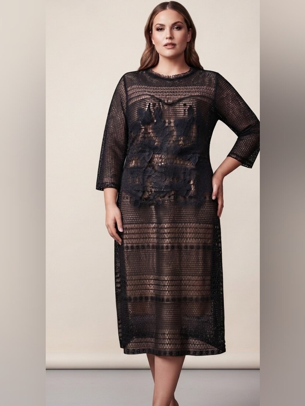 Roolee Black Crochet Lace Overlay Midi Dress – Size XXXL (Fits Like 1X)